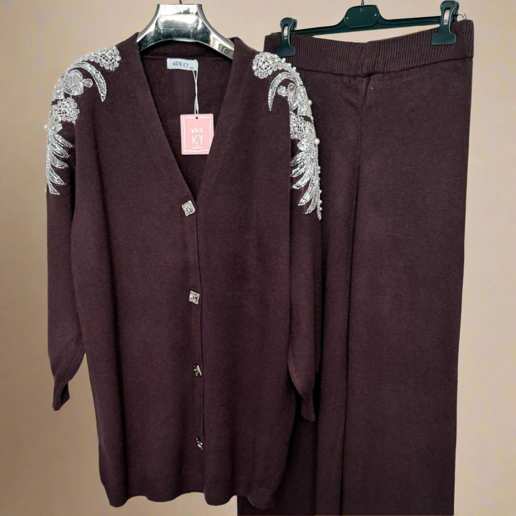 Embellished shoulder button down cardigan set