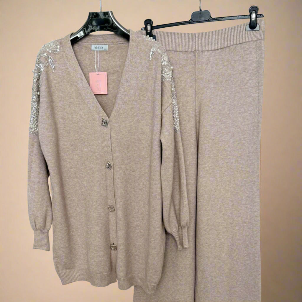 Embellished shoulder button down cardigan set