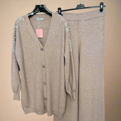 Embellished shoulder button down cardigan set