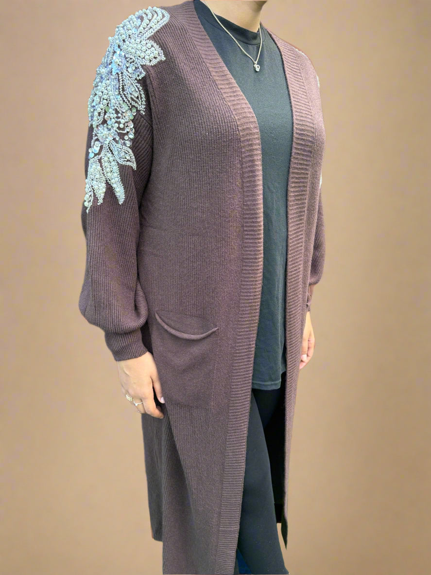 Embellished shoulder long cardigan