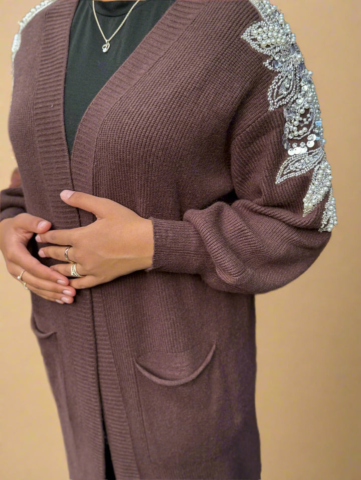 Embellished shoulder long cardigan