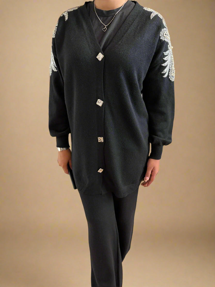 Embellished shoulder button down cardigan set