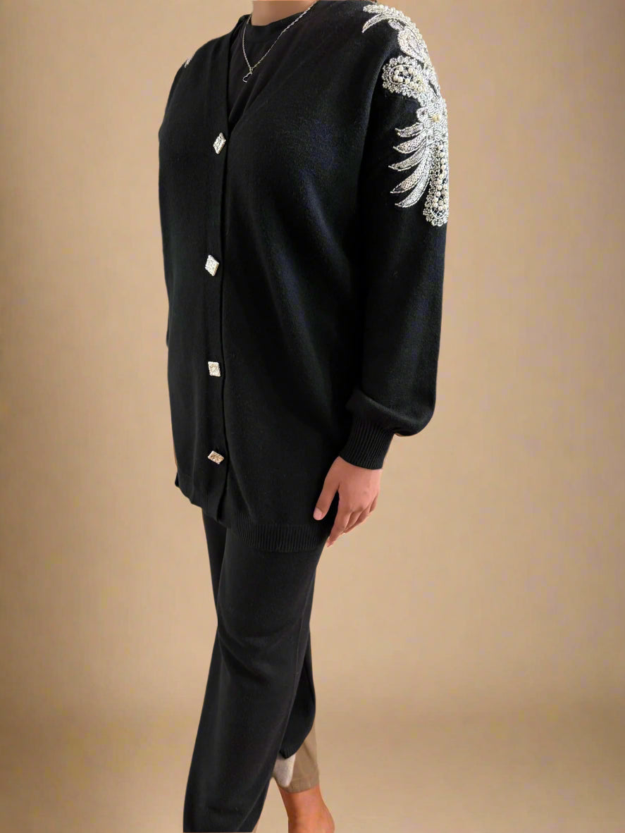 Embellished shoulder button down cardigan set