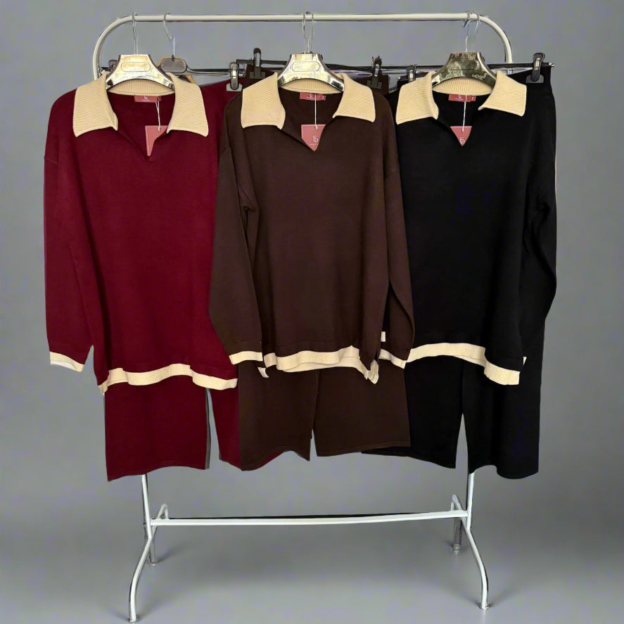 Collar detail knitted V-neck jumper set with matching trouser