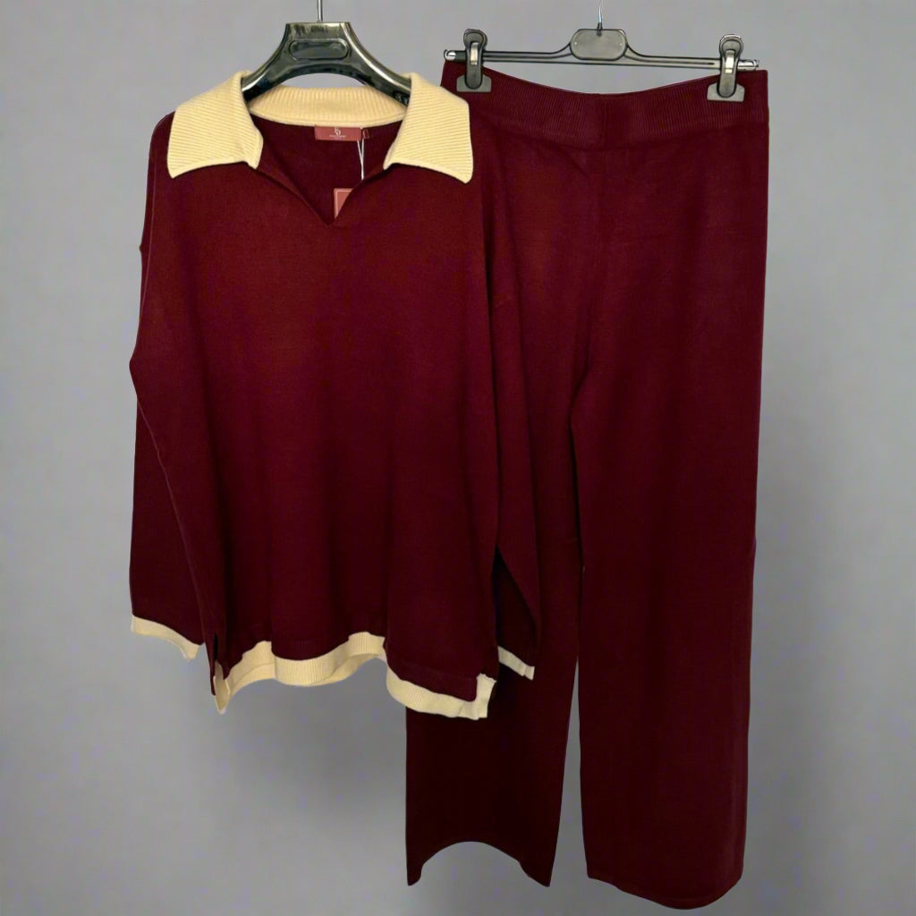 Collar detail knitted V-neck jumper set with matching trouser