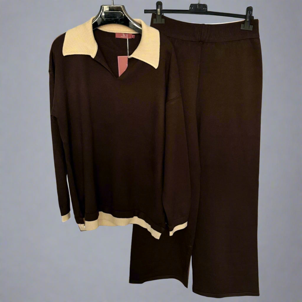 Collar detail knitted V-neck jumper set with matching trouser