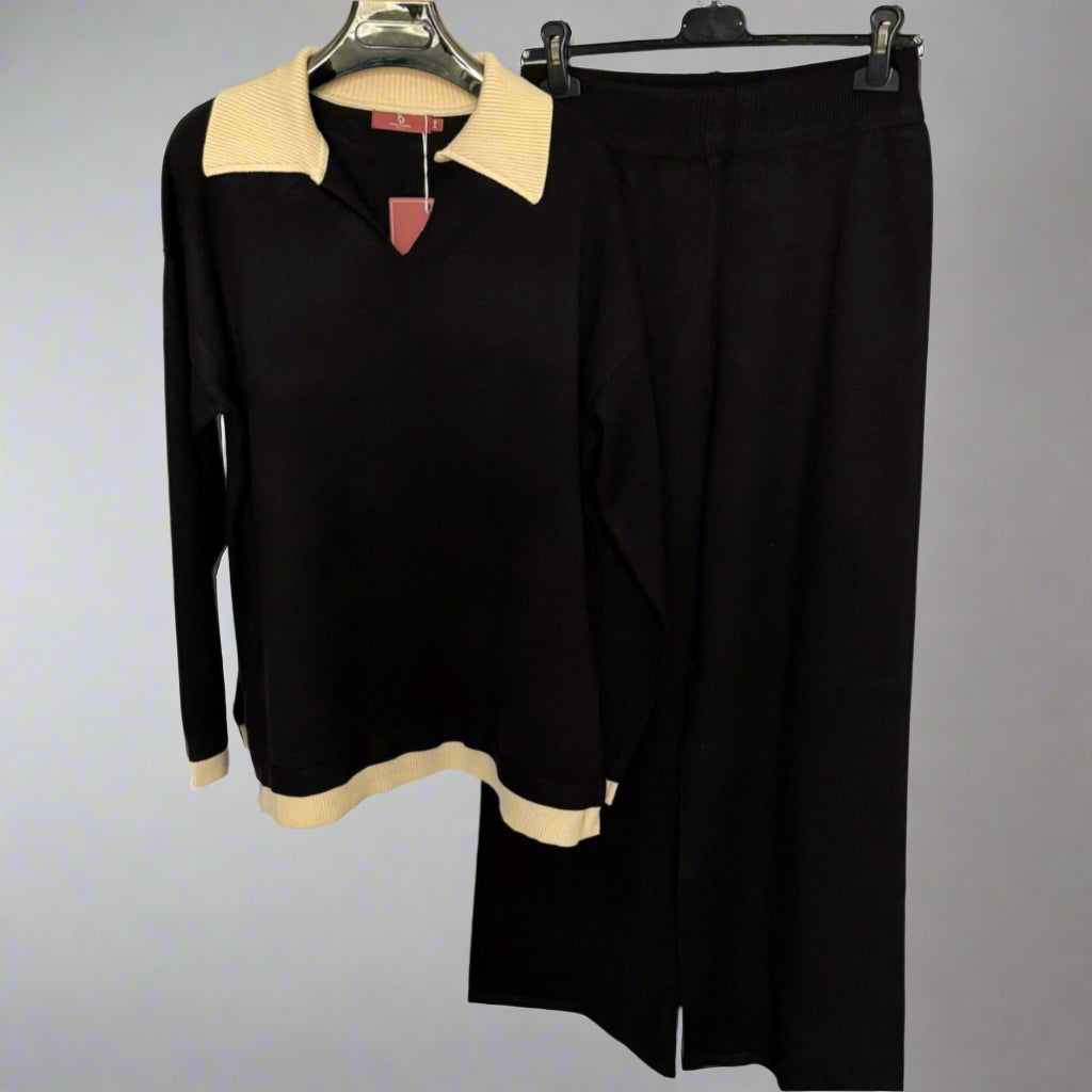 Collar detail knitted V-neck jumper set with matching trouser