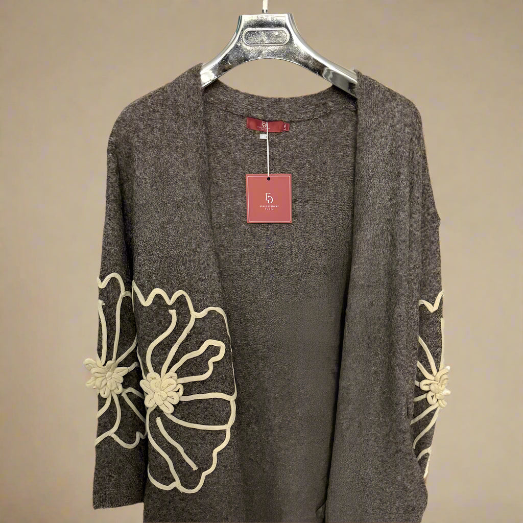 Floral embroidered long neutral cardigan