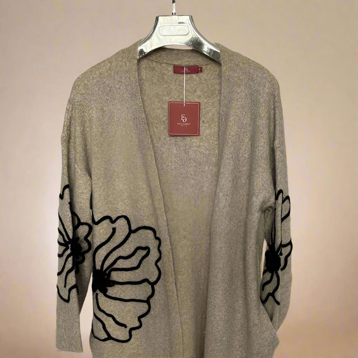 Floral embroidered long neutral cardigan