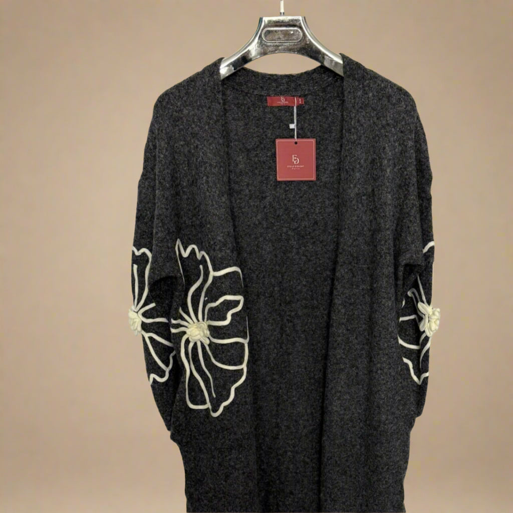 Floral embroidered long neutral cardigan
