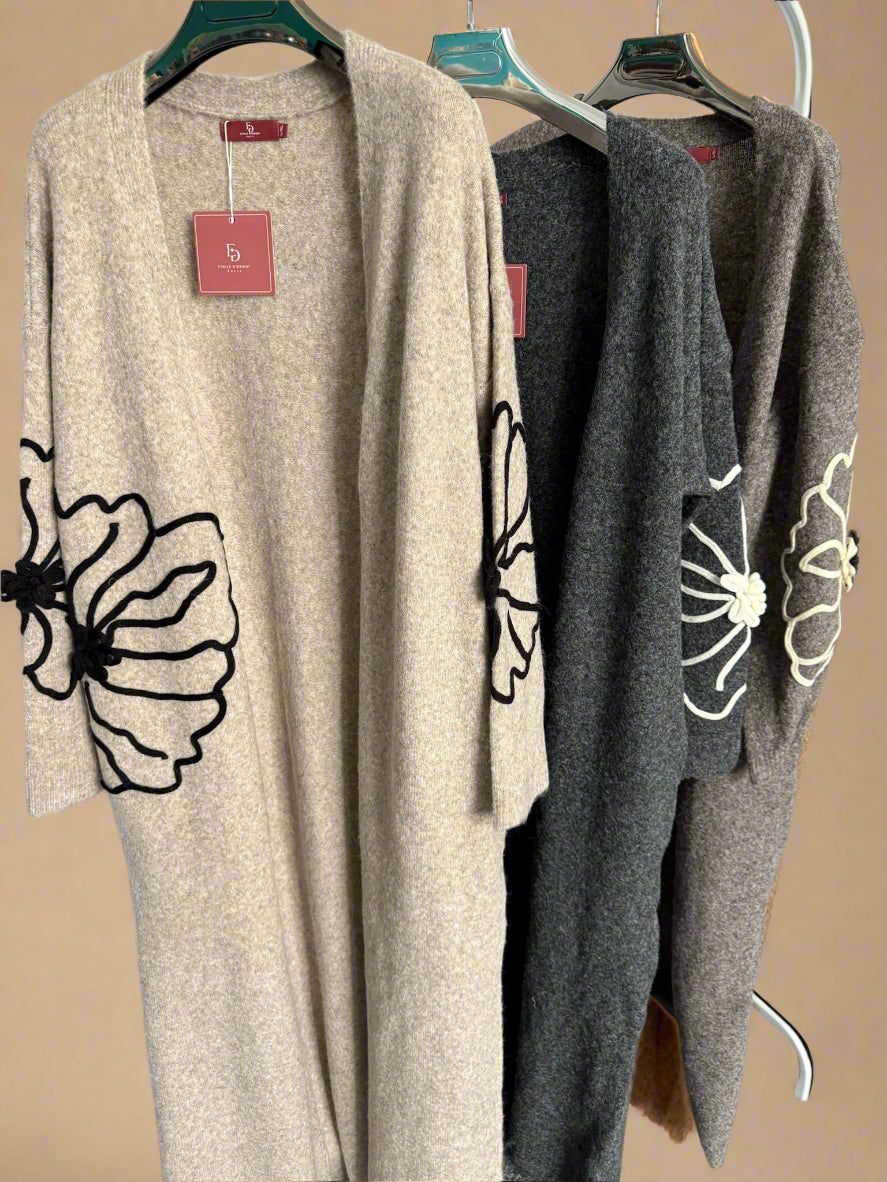 Floral embroidered long neutral cardigan