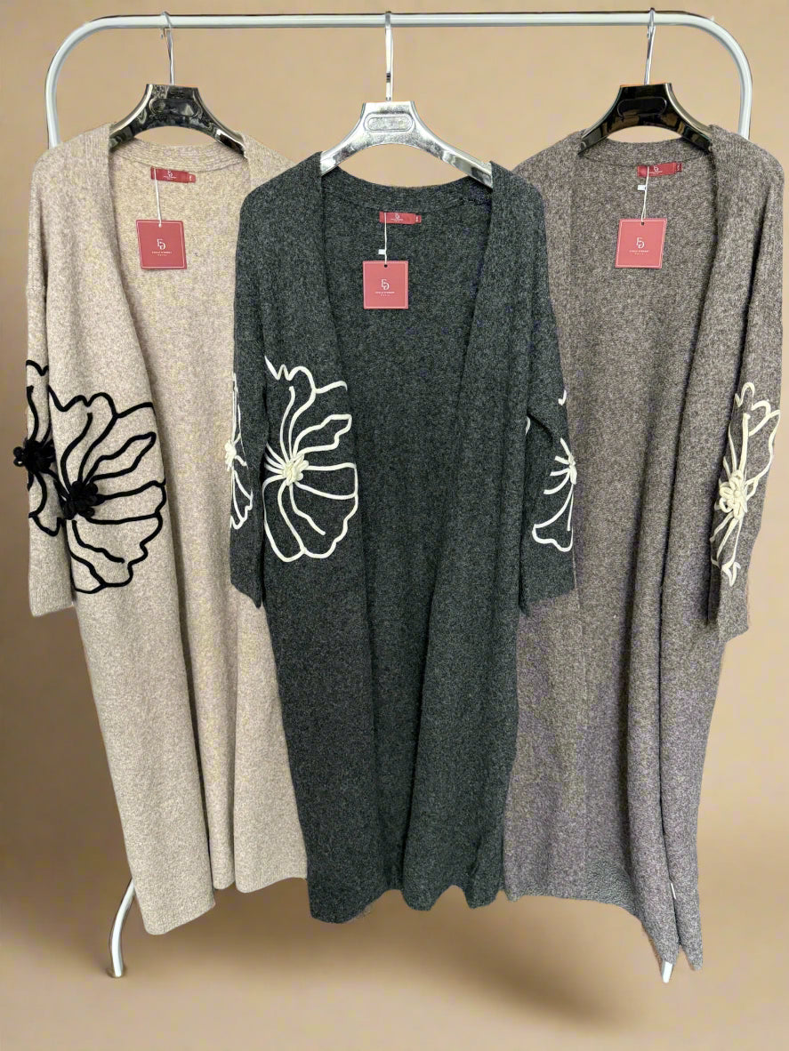 Floral embroidered long neutral cardigan