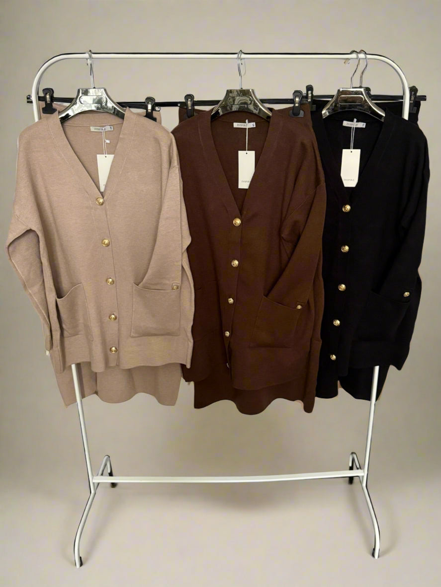 Gold button cardigan and skirt set