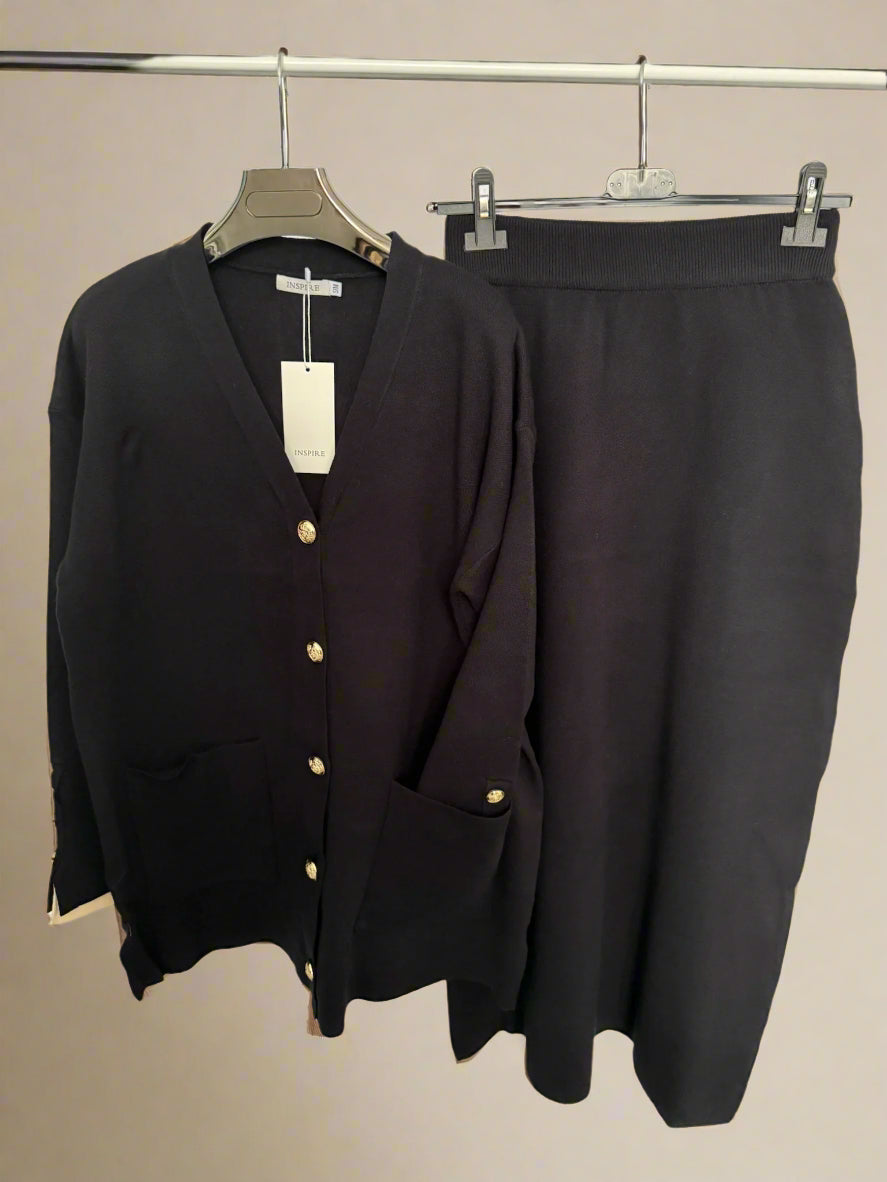 Gold button cardigan and skirt set