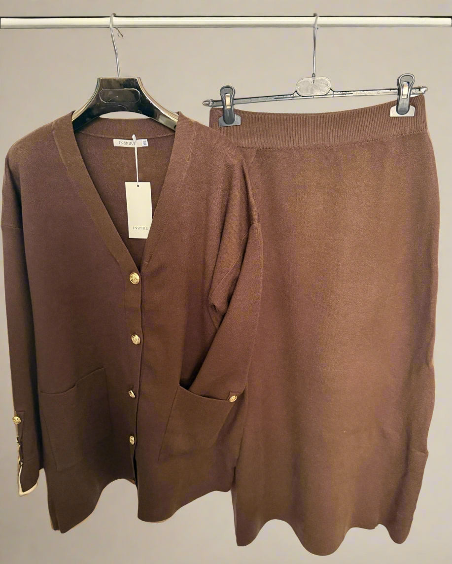 Gold button cardigan and skirt set