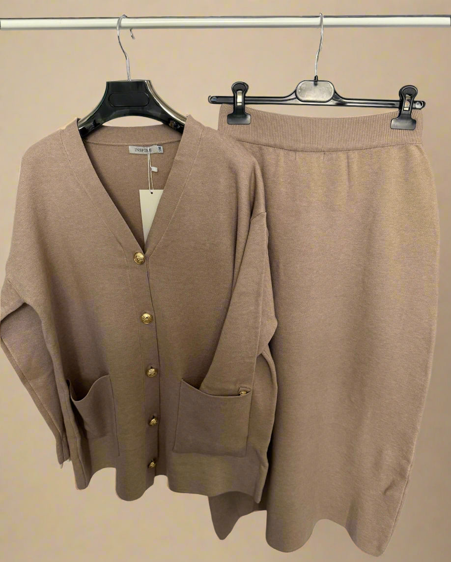 Gold button cardigan and skirt set