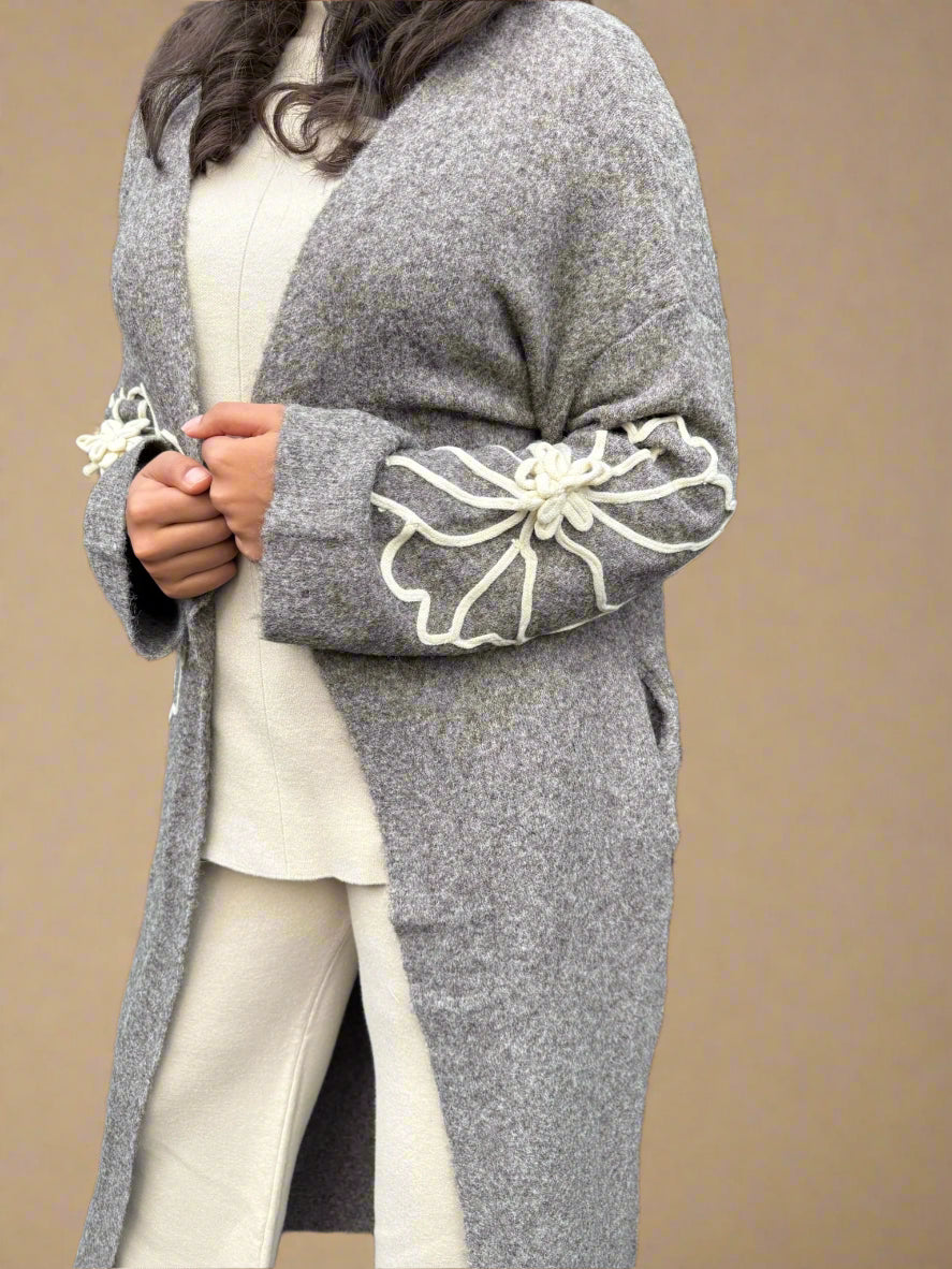 Floral embroidered long neutral cardigan