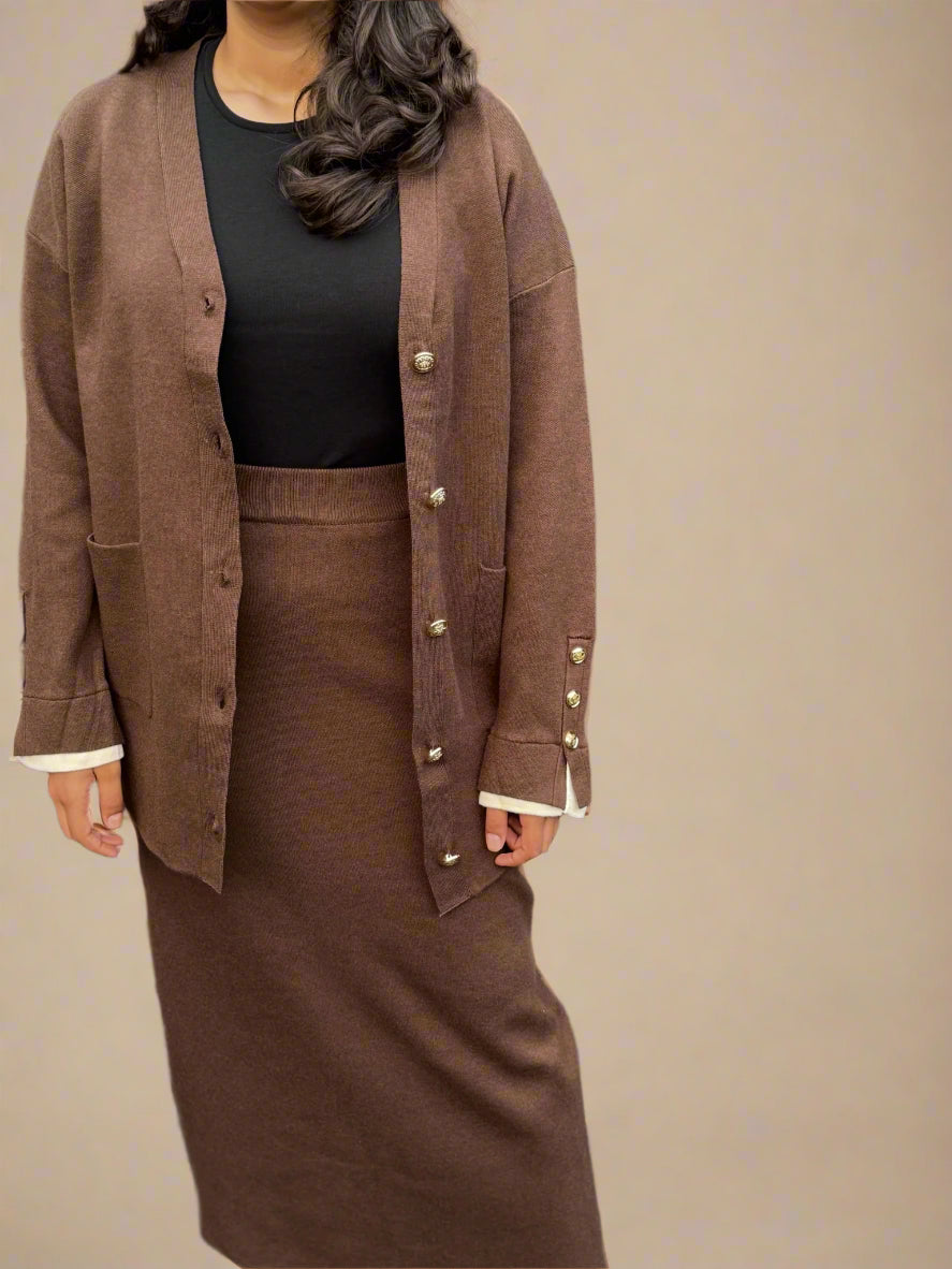 Gold button cardigan and skirt set