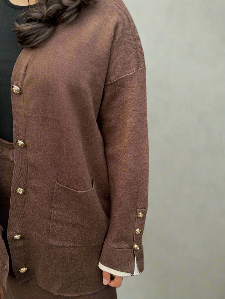 Gold button cardigan and skirt set