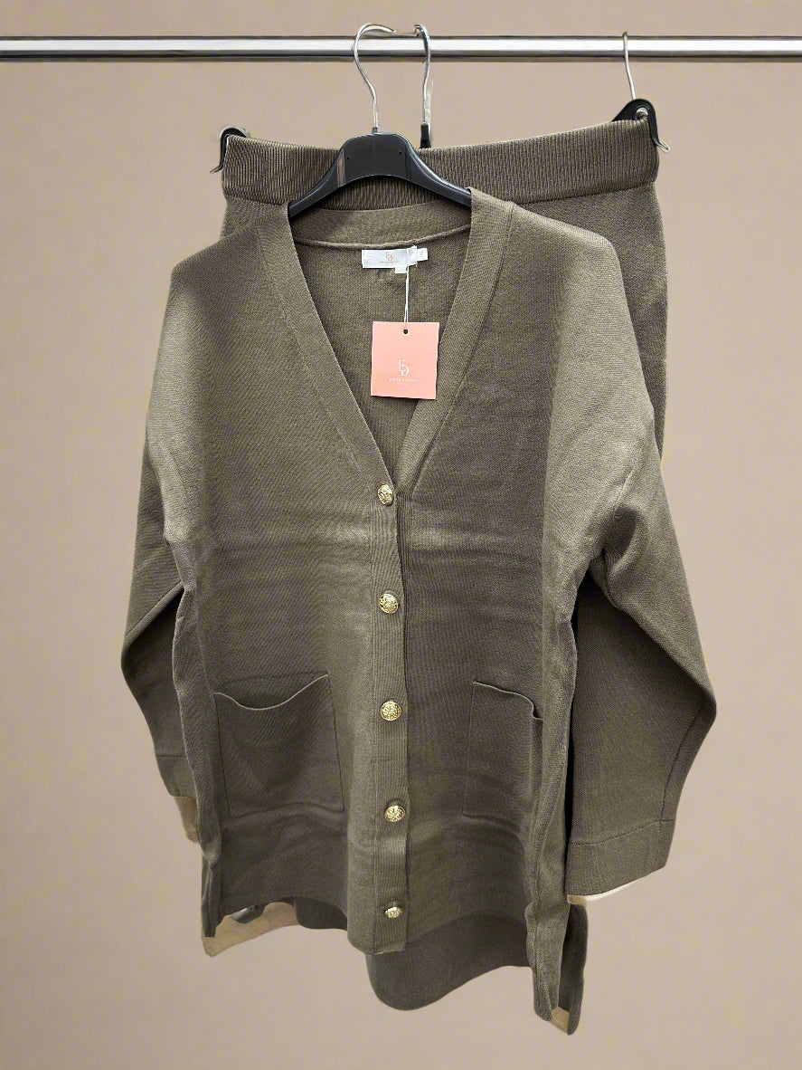 Gold button cardigan and skirt set