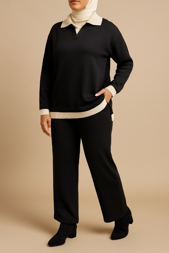 Collar detail knitted V-neck jumper set with matching trouser